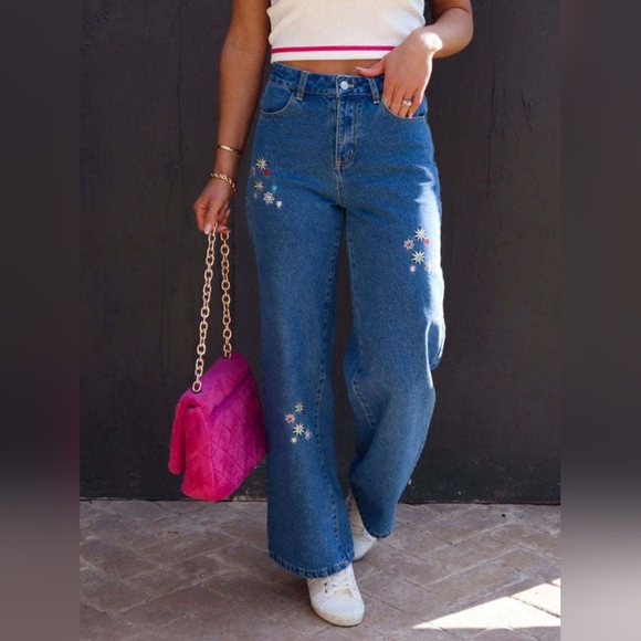 Retro High-Rise Embroidered Daisy Flower Straight Leg Hippie Cotton Denim Jeans - Picture 8 of 16